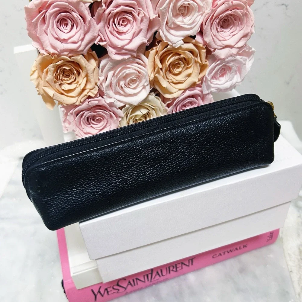 Authentic Escada RARE Vintage Black Leather Cosmetic / Pencil Bag